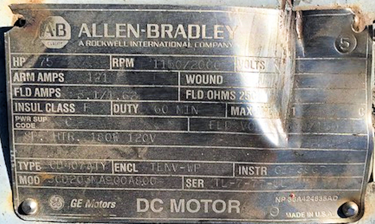 2 Units - Allen Bradley Dc Motor, 75 Hp Motors)